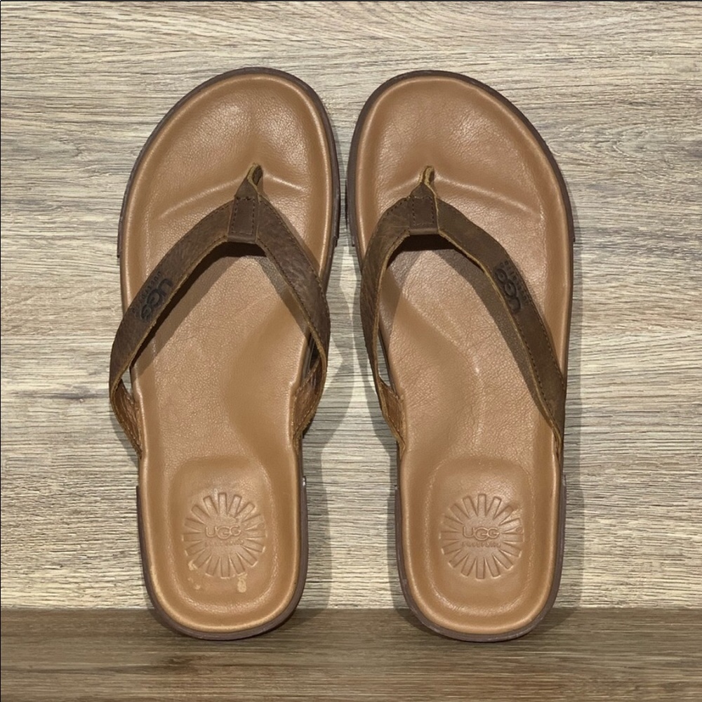 UGG Men’s Brown Leather Flip Flop Sandals Sz- 10